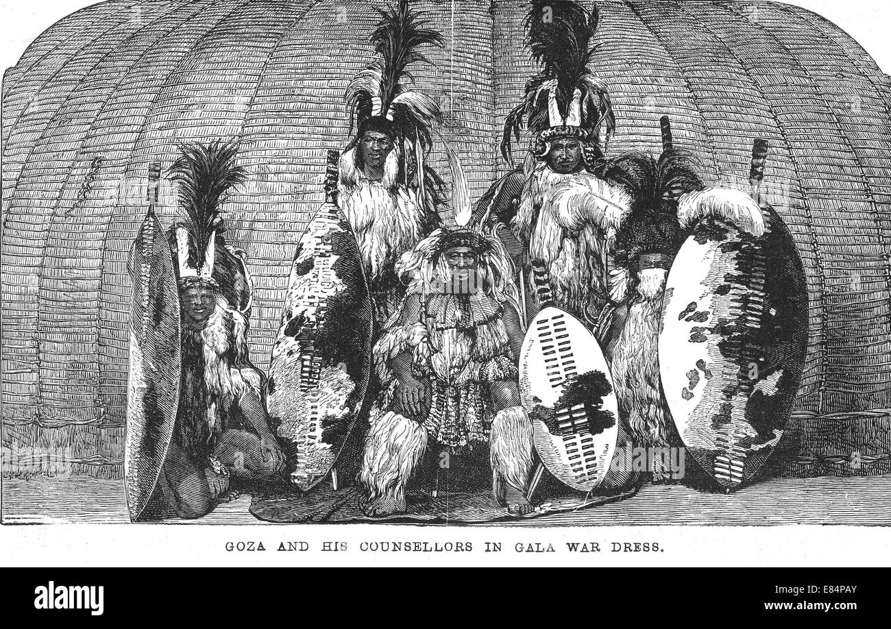 GOZA - capo zulu con alcuni dei suoi consiglieri circa 1878. Il variegato spettacolo headresses reggimento che appartengono a Foto Stock