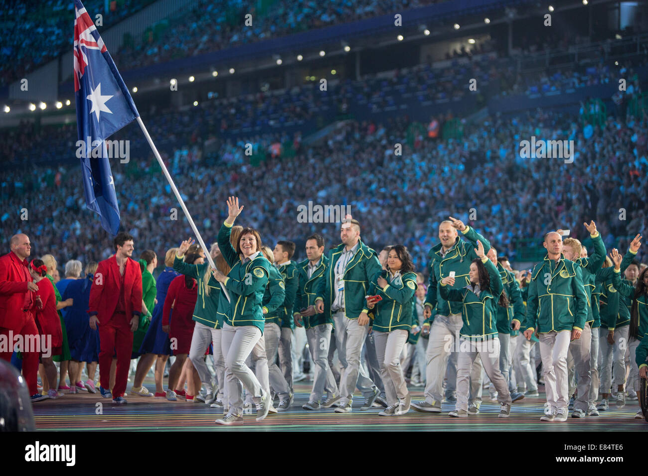Cerimonia di apertura del Glasgow 2014 Giochi del Commonwealth, al Celtic Park, Glasgow, Scotland, Regno Unito. Foto Stock