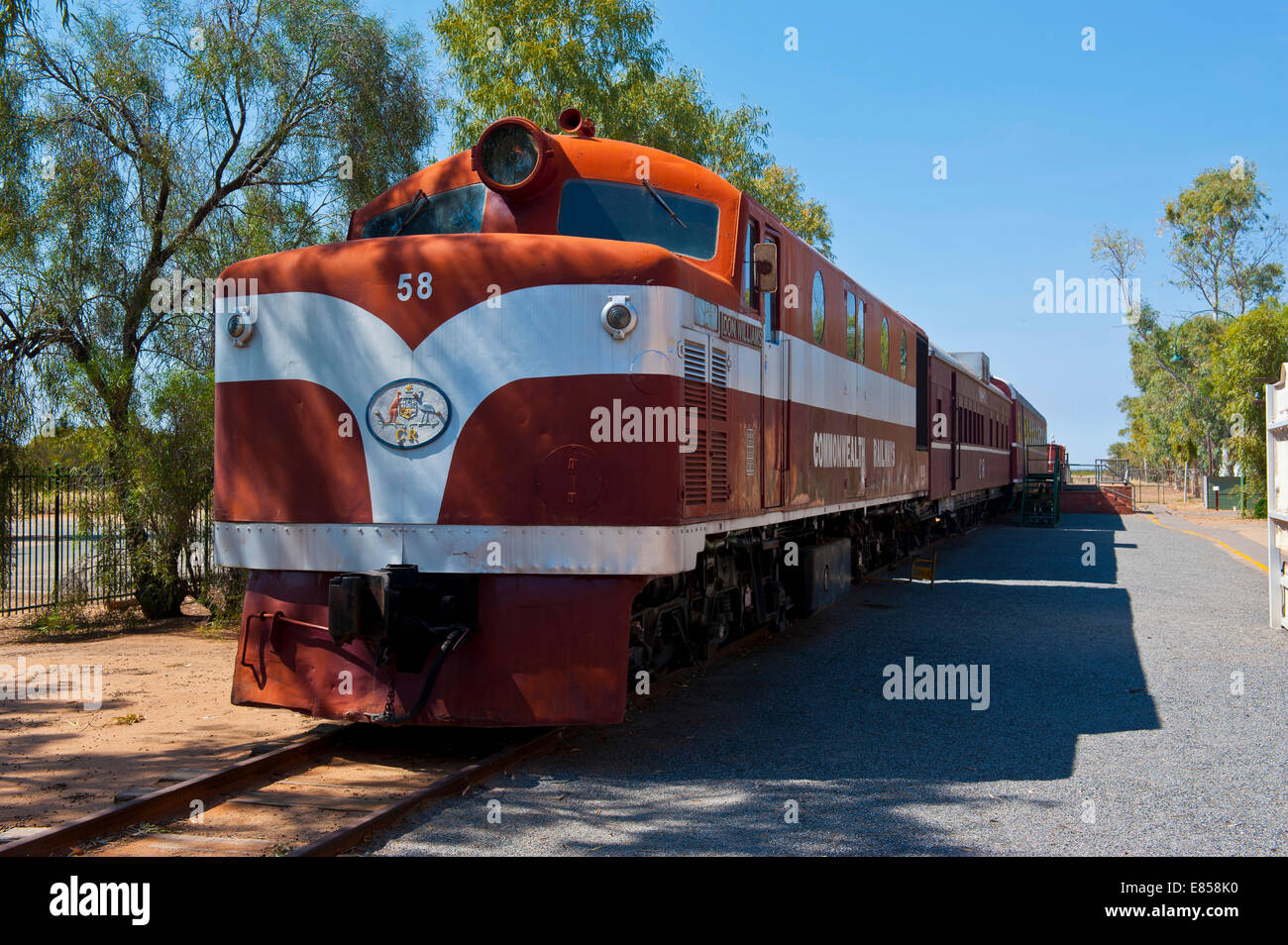 Il treno Ghan in Old Ghan ferroviaria patrimonio e museo, Alice Springs, Territorio del Nord, l'Australia Foto Stock
