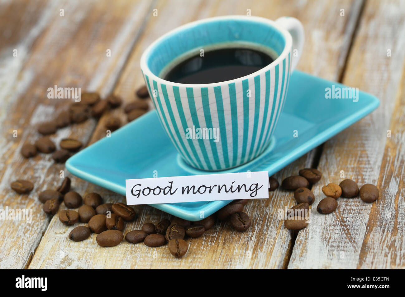 Buona mattina card con tazza di caffè nero Foto Stock