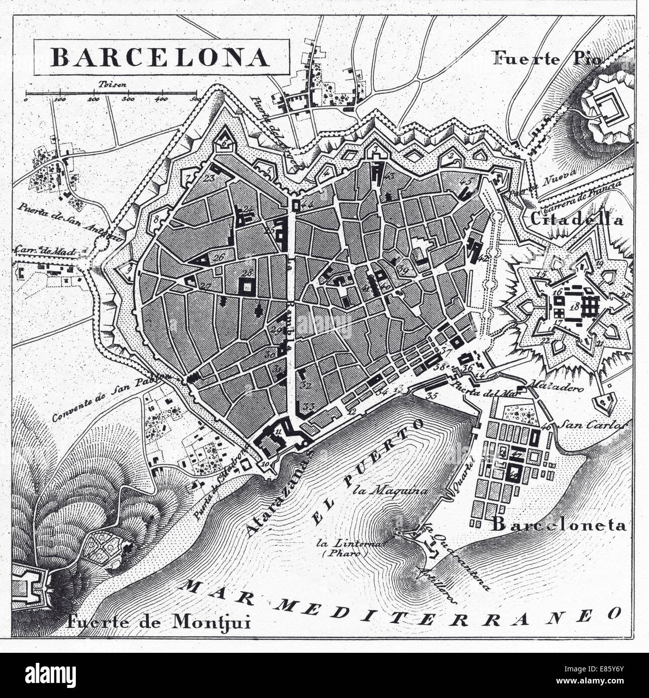 Le illustrazioni incise della mappa di Barcellona, Spagna da enciclopedia iconografico della scienza, letteratura e arte, circa 1851 Foto Stock