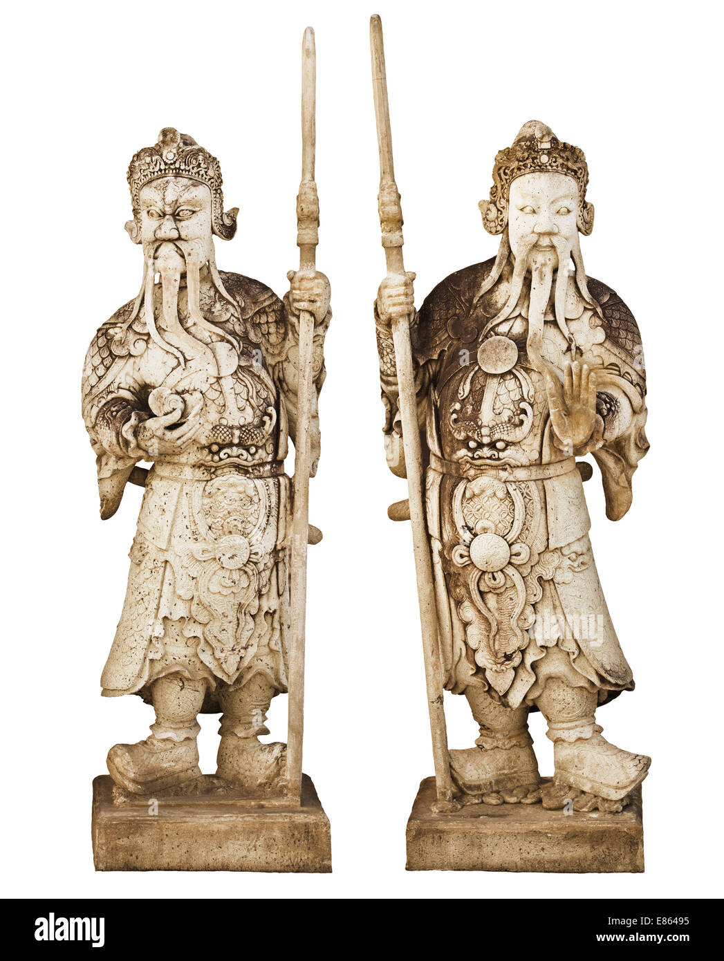 Due statue di antichi soldati cinesi isolati su sfondo bianco Foto Stock