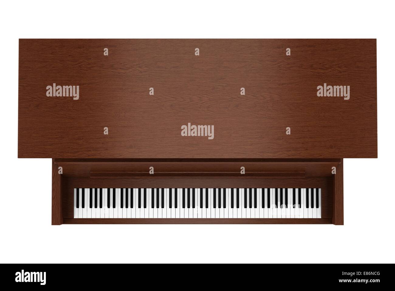 Vista superiore del brown pianoforte verticale isolato su sfondo bianco Foto Stock