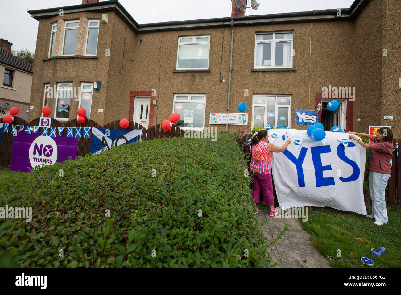 Casa coperte in pro-indipendenza sì segni, e del vicino di casa coperte in pro-Unione segni, Scottish referendum di indipendenza. Foto Stock