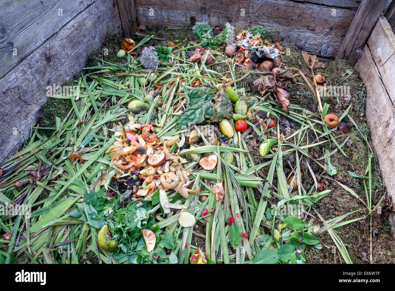 Bidone di compost di giardino, mucchio di composto, riducendo in concime organico le verdure ed altri rifiuti di cucina Foto Stock