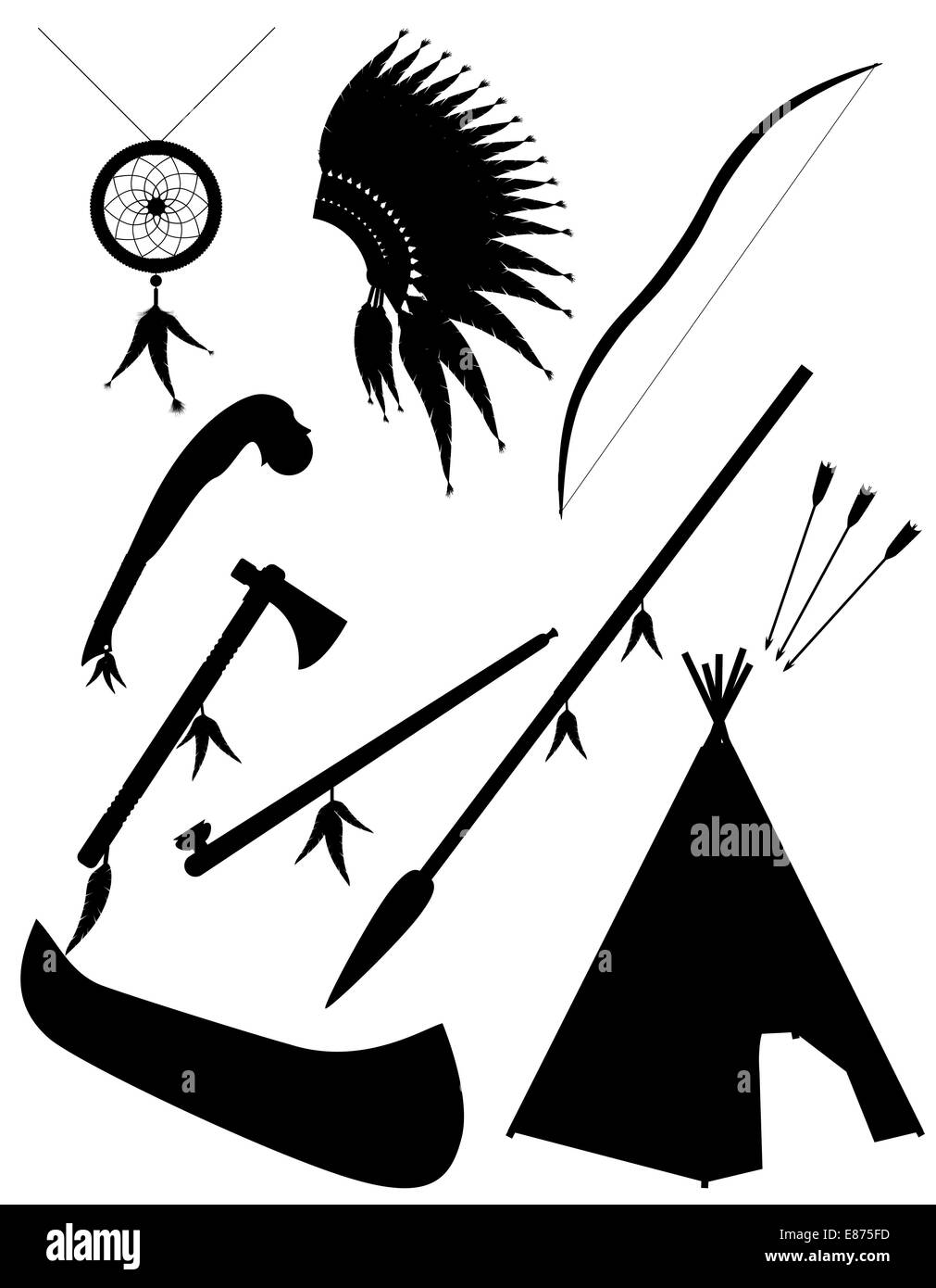 Silhouette nera le icone di set di oggetti indiani americani illustrazione isolati su sfondo bianco Foto Stock