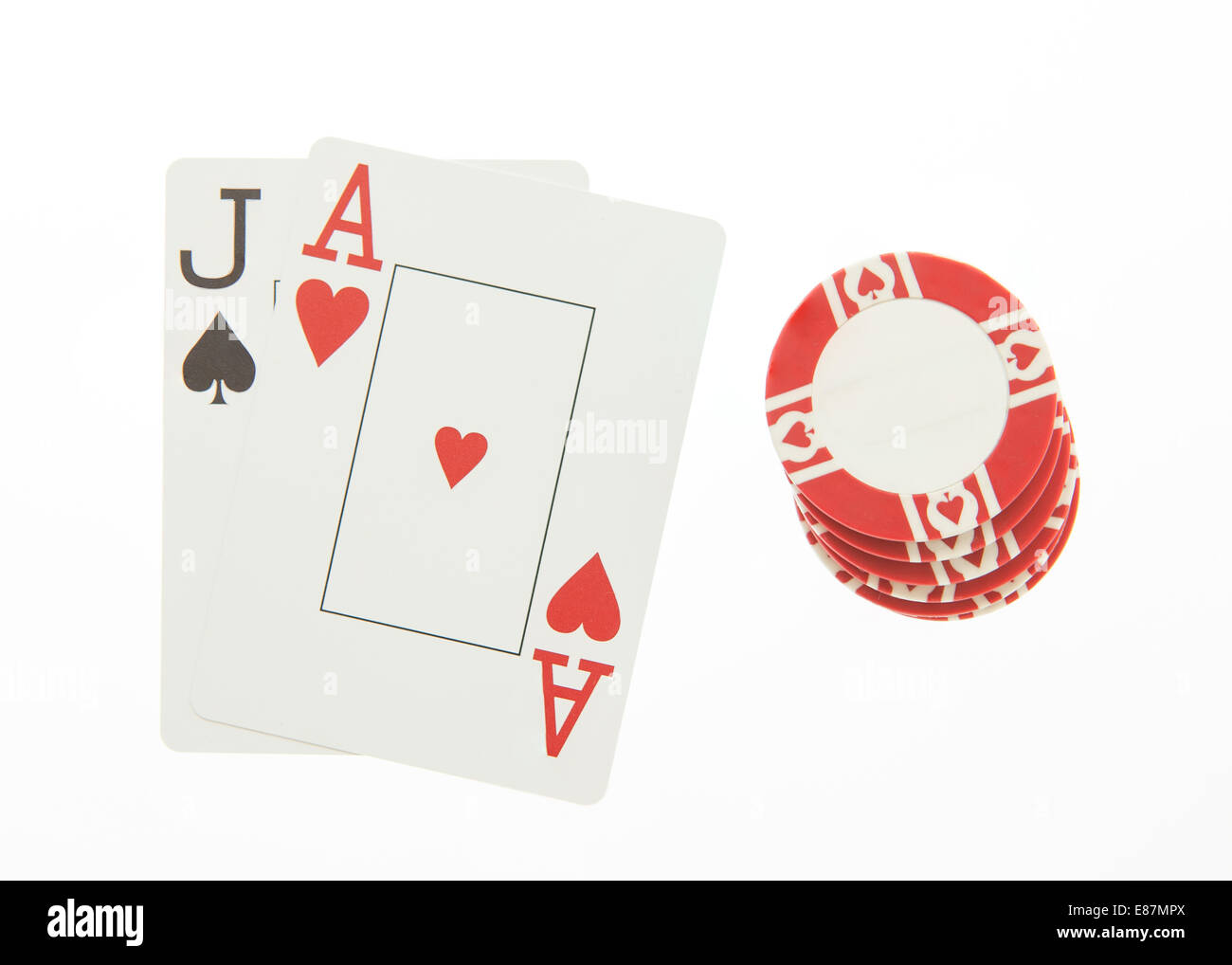 Mano di blackjack con chip casino Foto Stock