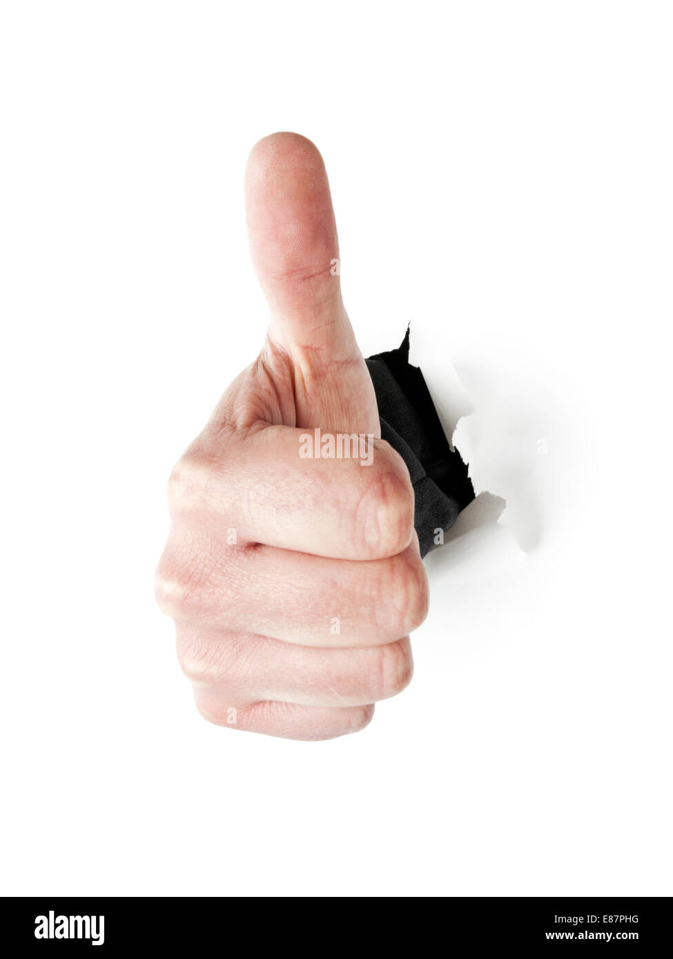 Thumbs up - La mano con il pollice fino cracking attraverso lo sfondo bianco Foto Stock