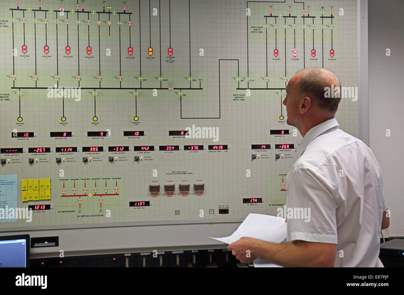 Un manager visualizza una grande e illuminata di distribuzione elettrica board per un grande edificio per uffici a Londra Foto Stock