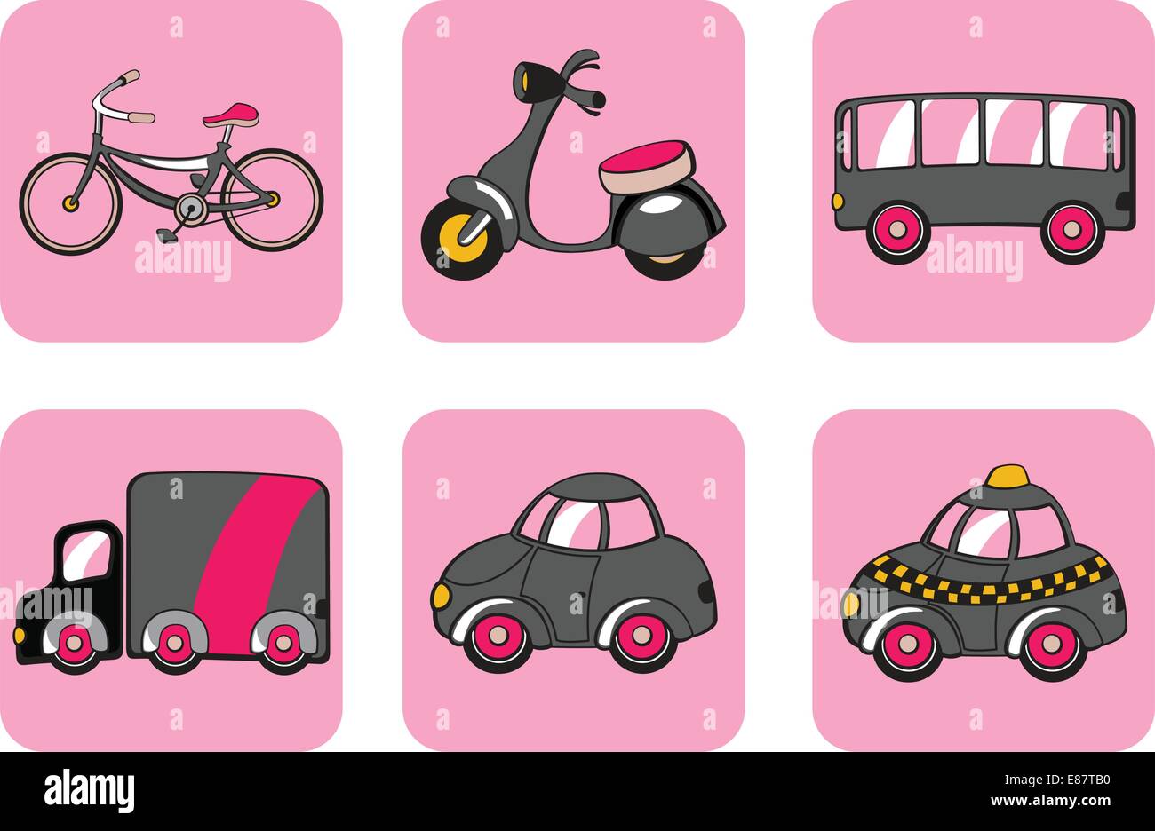 Illustrazione di vettore di trasporto delle icone. Include bicicletta, minimoto, autobus via, auto e taxi su sfondo rosa. Illustrazione Vettoriale