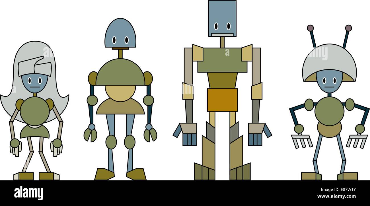 Illustrazione Vettoriale di divertenti robot cartoon famiglia. Illustrazione Vettoriale