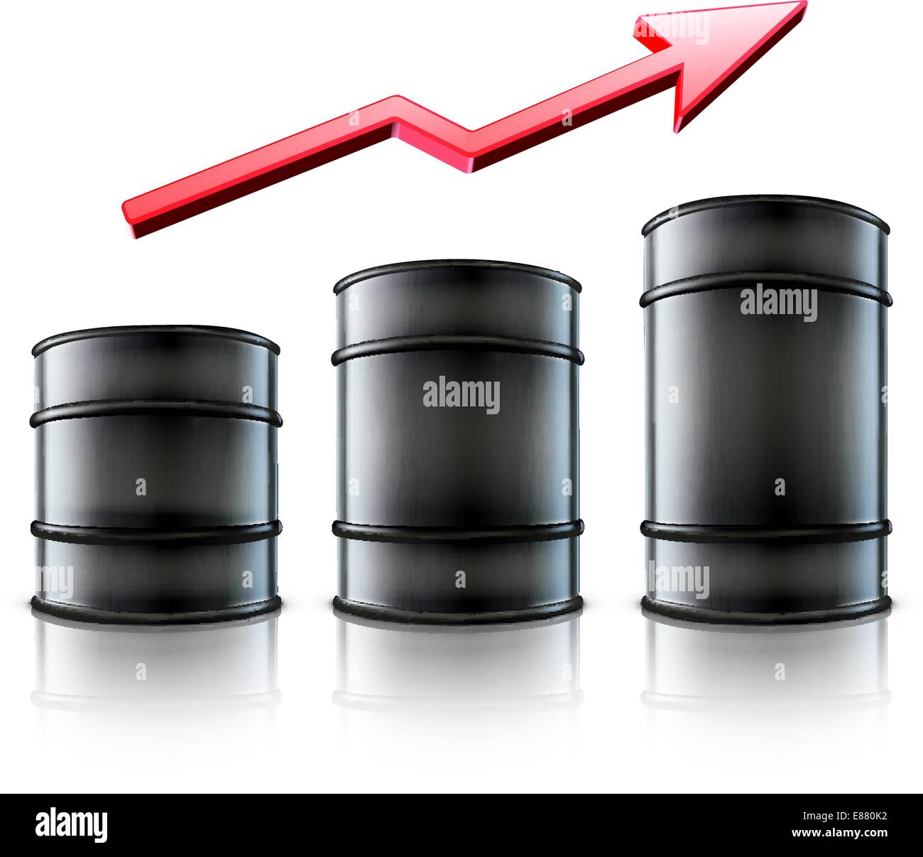 Illustrazione vettoriale delle tre in metallo nero barili di olio con una freccia rossa che mostra un aumento del consumo di benzina o di origine in un costo di olio Illustrazione Vettoriale