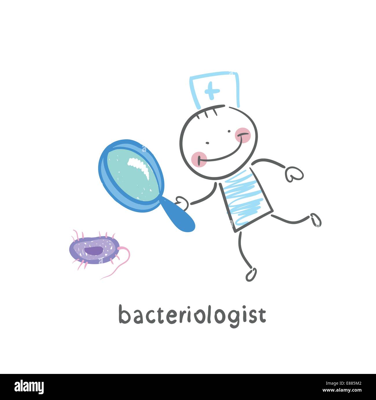 Bacteriologist guarda attraverso una lente di ingrandimento sul batterio Illustrazione Vettoriale