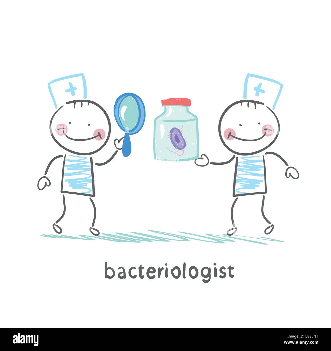 Bacteriologist guardando attraverso una lente di ingrandimento sui batteri in banca Illustrazione Vettoriale