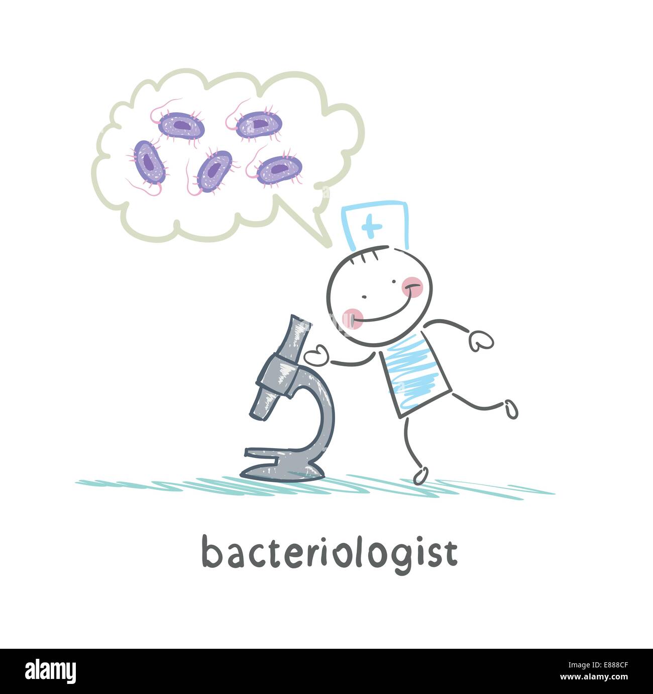 Microscopio bacteriologist guarda e pensa di batteri Illustrazione Vettoriale