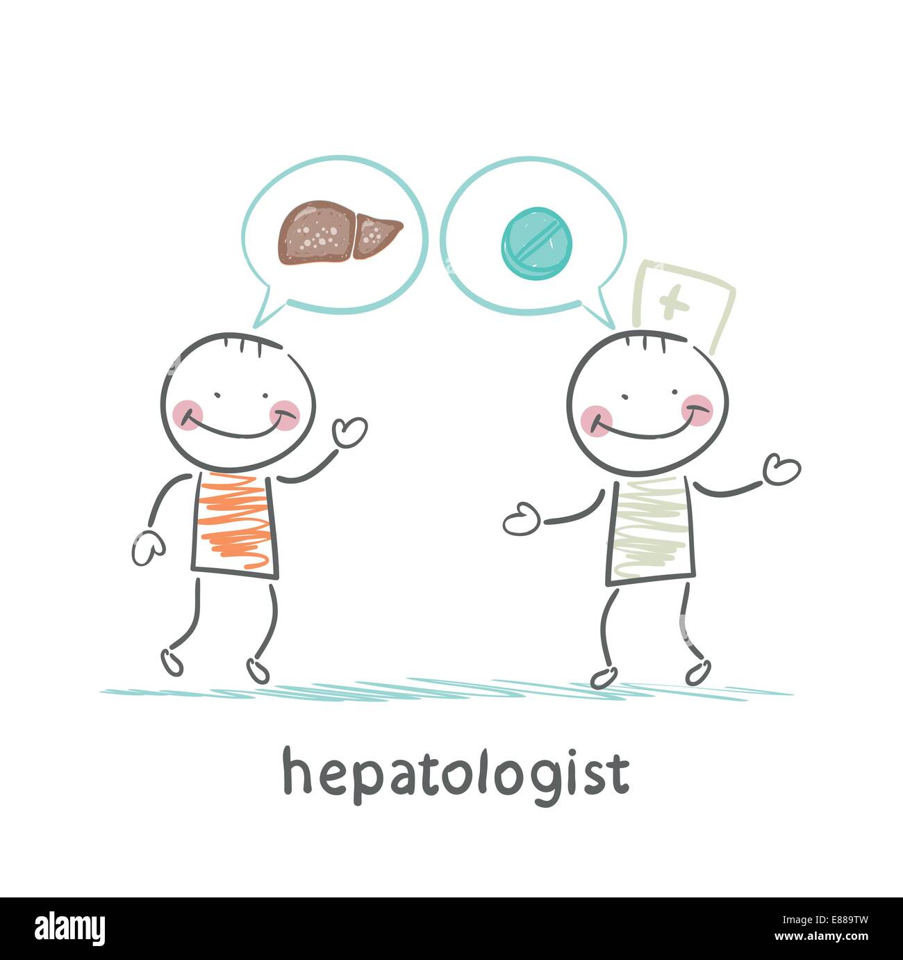 Hepatologist dice con un paziente sul fegato e compresse Illustrazione Vettoriale