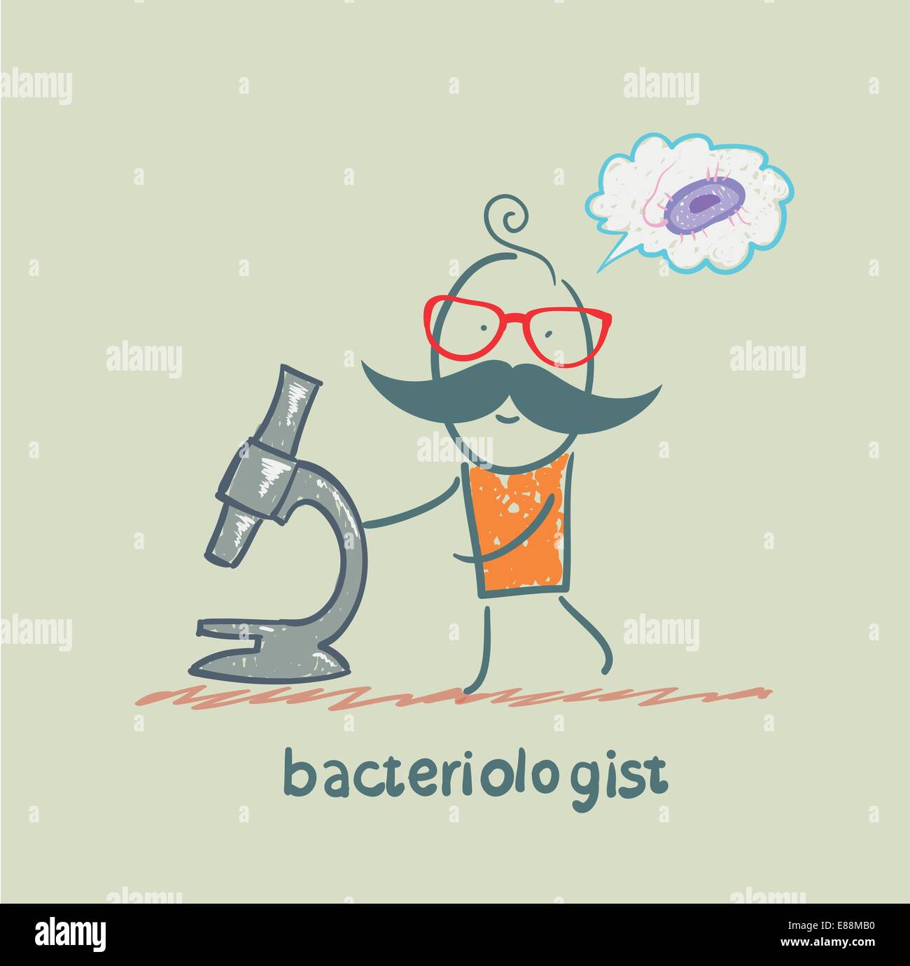 Bacteriologist pensando di germi e guarda attraverso un microscopio Illustrazione Vettoriale