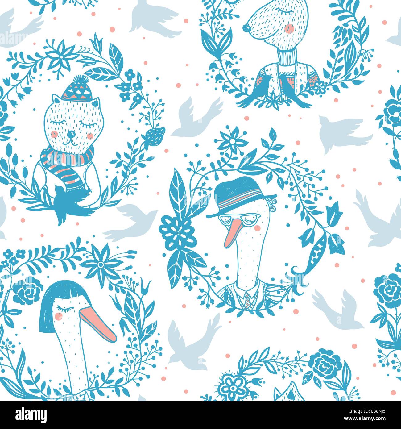 Vettore modello senza cuciture con divertenti ritratti di simpatici animali Illustrazione Vettoriale