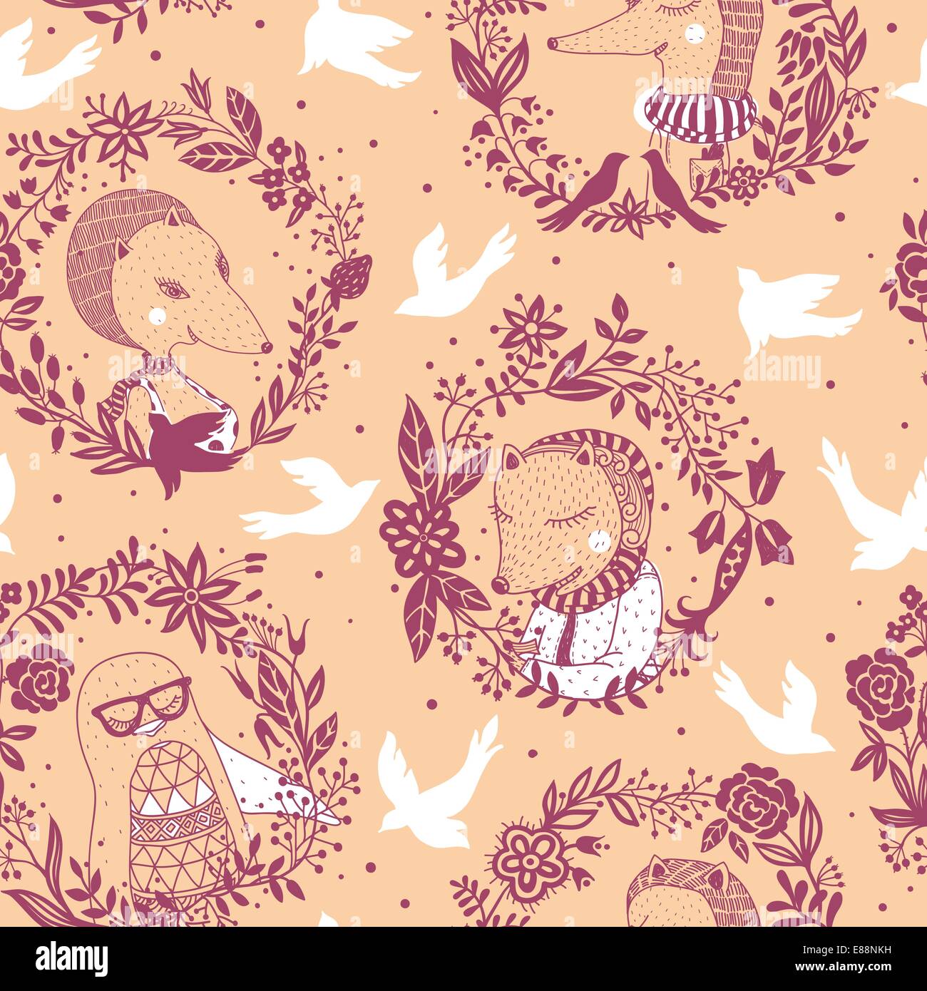 Vector seamless pattern con ritratti di animali divertenti Illustrazione Vettoriale