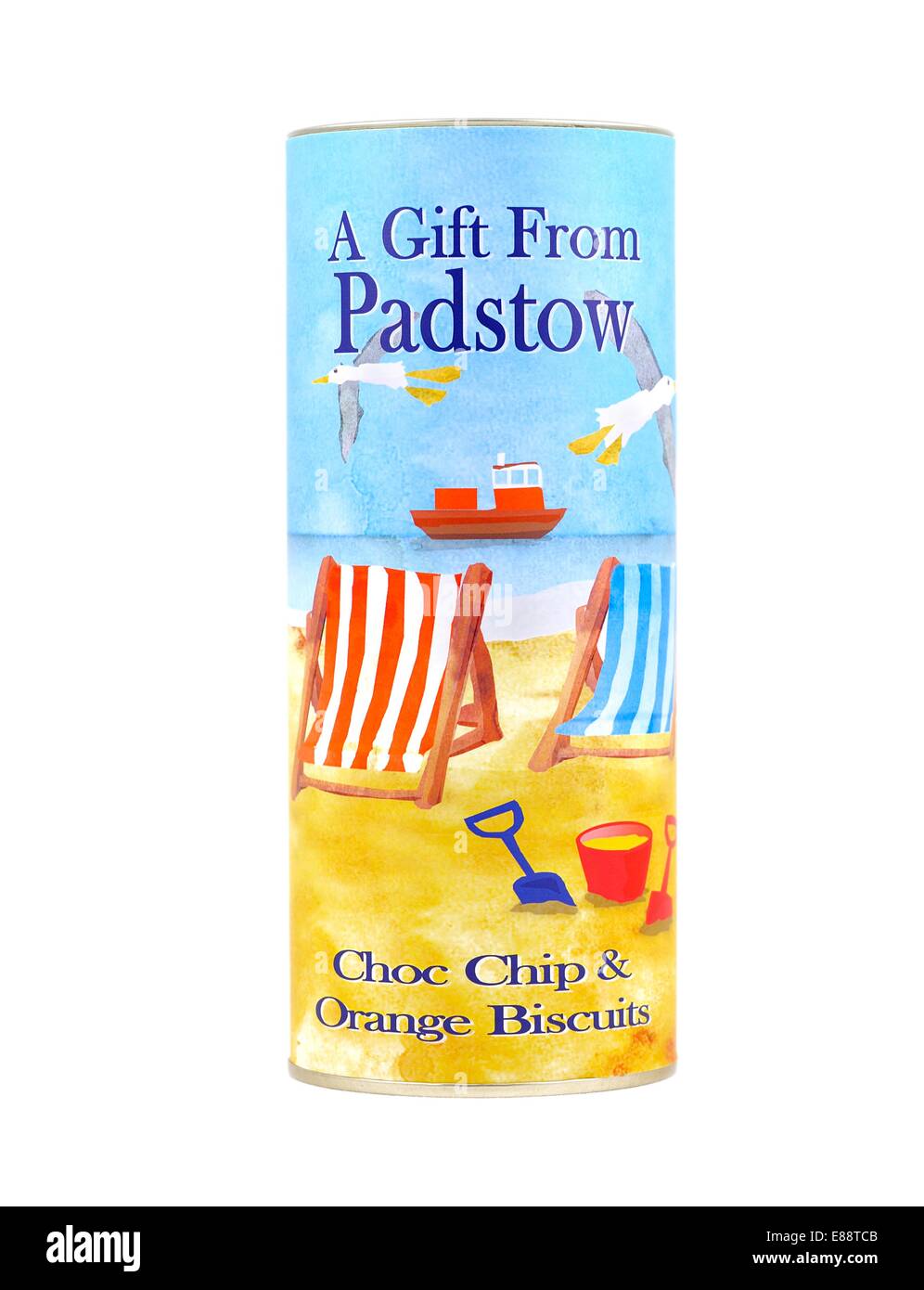 Una vacanza vasca di souvenir di choc chip & orange biscotti di Padstow Cornwall Inghilterra Regno Unito Foto Stock