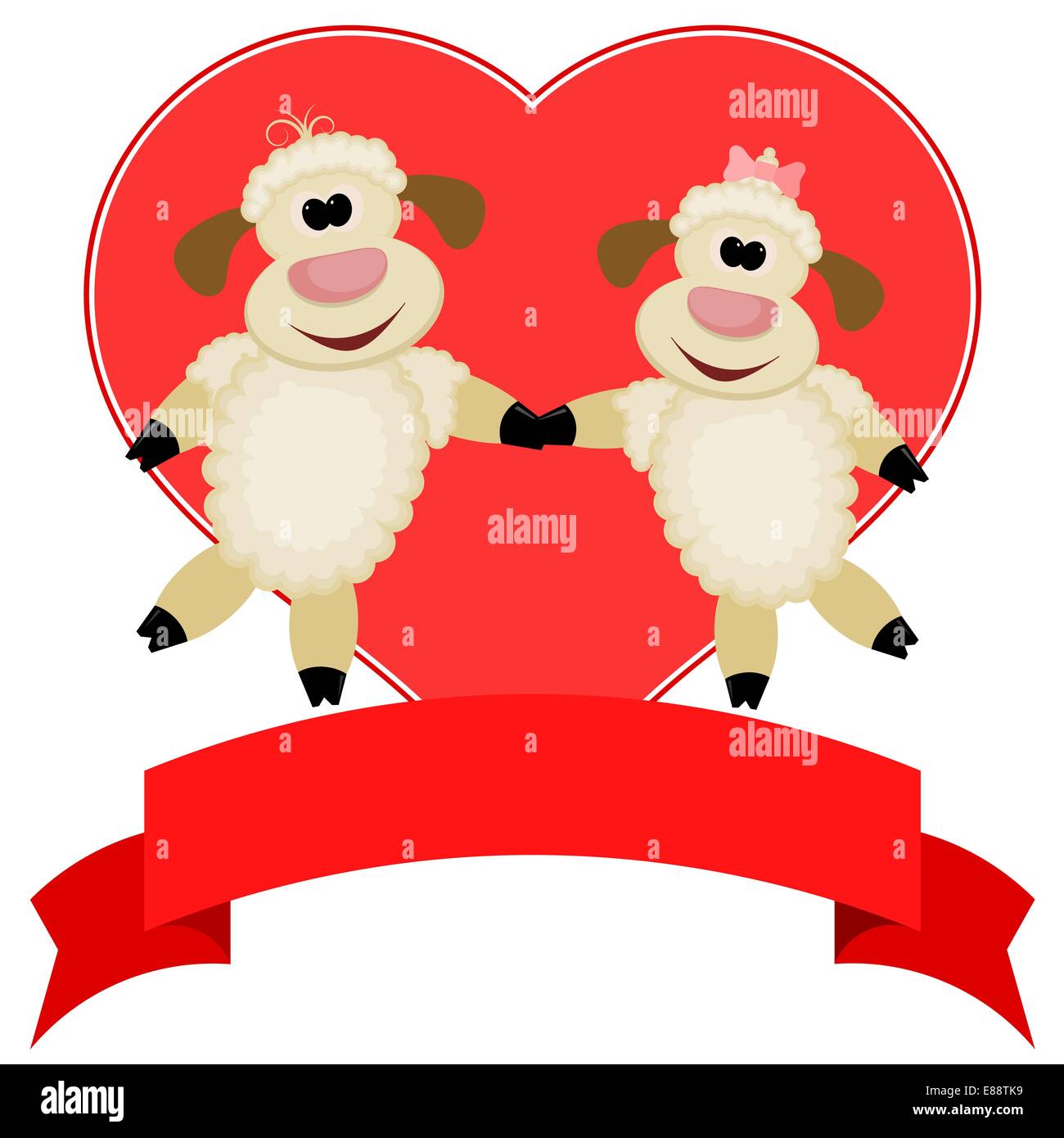 Due pecore su uno sfondo di cuori rossi - omaggi di Felice Valentine&apos;s Day Illustrazione Vettoriale