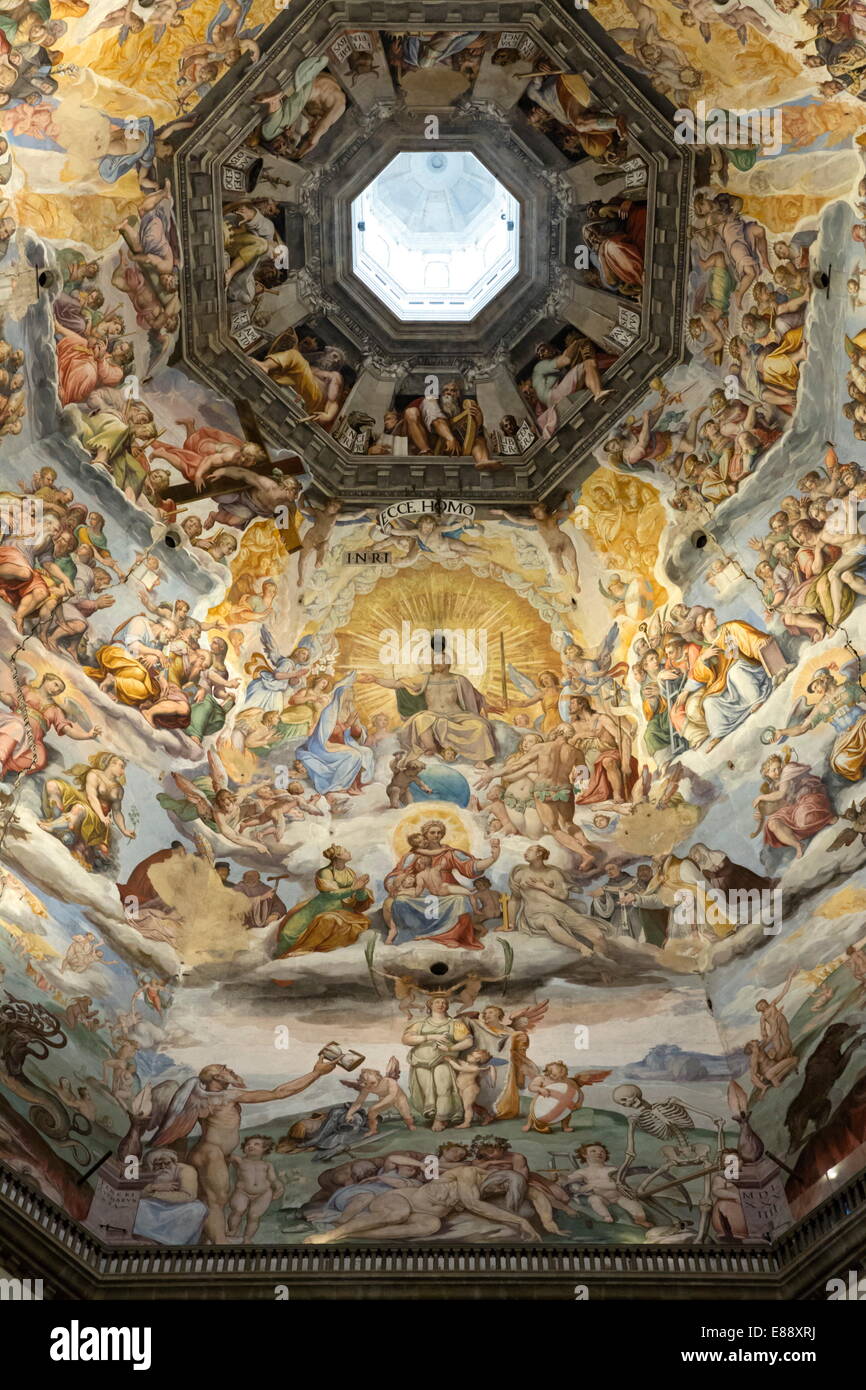 Cupola affresco del Giudizio Universale di Giorgio Vasari e Federico Zuccari all'interno del Duomo di Firenze, sito UNESCO, Toscana, Italia Foto Stock