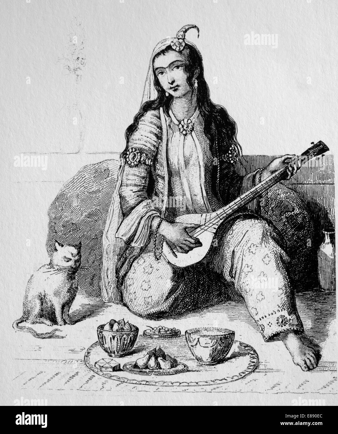 Asia. Il persiano. Harem. Musicista. 1840. Incisione. Foto Stock