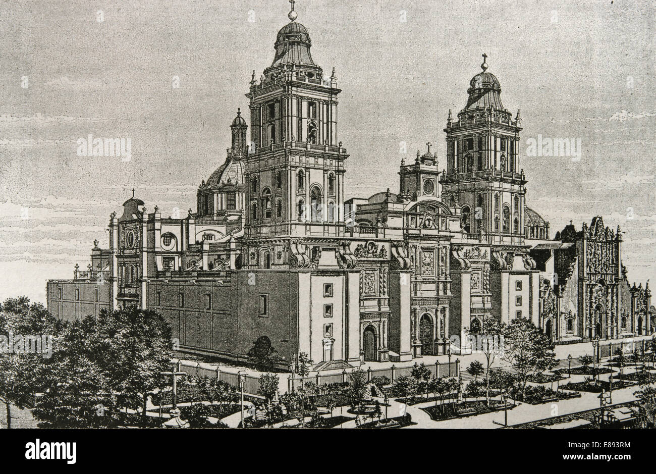 Messico. Città del Messico. Cattedrale Assunzione di Maria. Il cattolicesimo chiesa. Incisione. L'illustrazione, 1887. Pubblicato in Spagna. Foto Stock