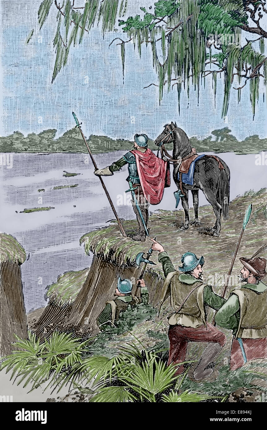 Hernando De Soto (1496-1542) alla scoperta del fiume Mississippi, 21 maggio 1541. Incisione. Colorazione successiva. Foto Stock