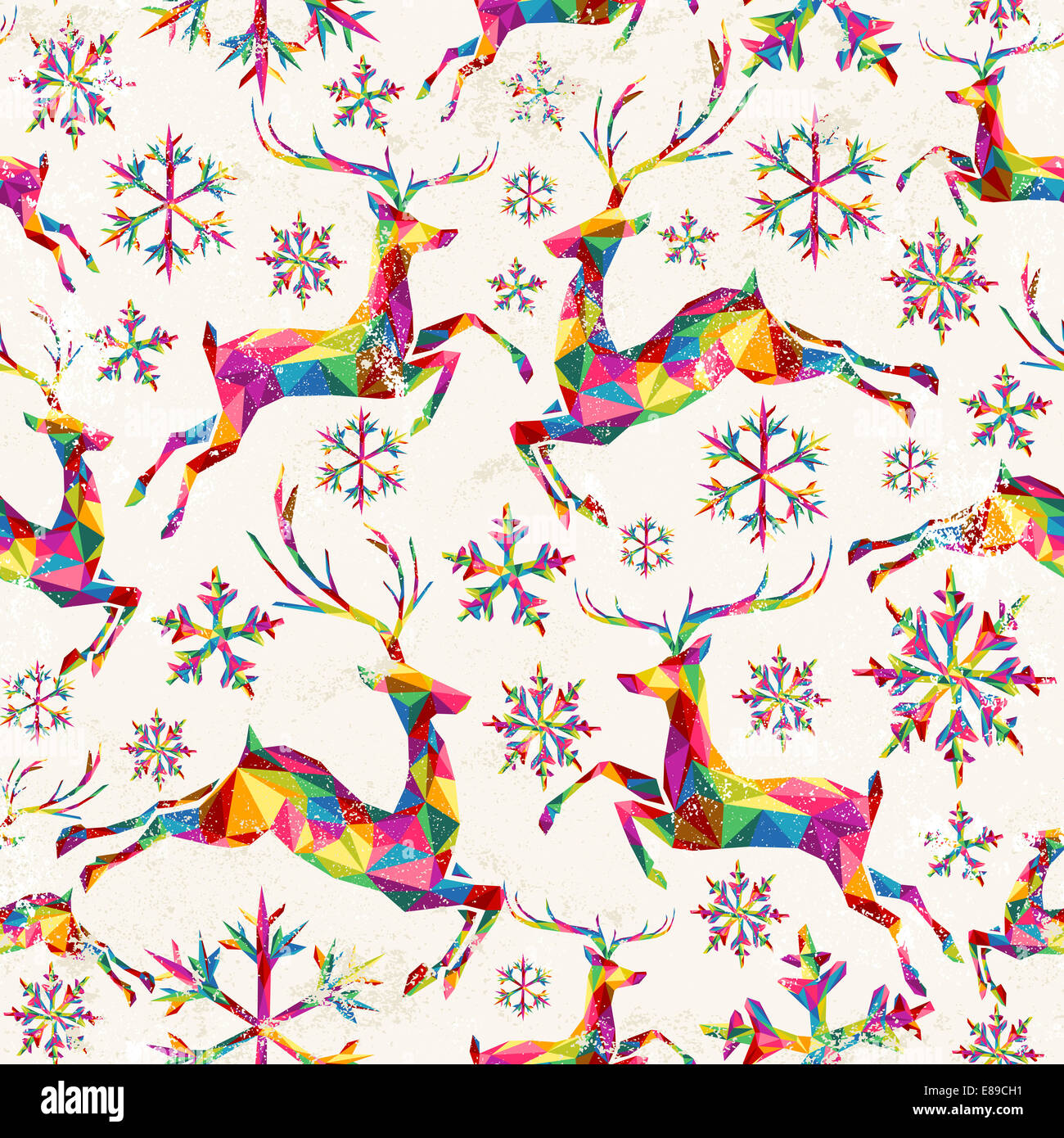 Natale vintage stile retrò seamless pattern. I triangoli colorati con texture grunge renne e fiocchi di neve composizione. EPS1 Foto Stock