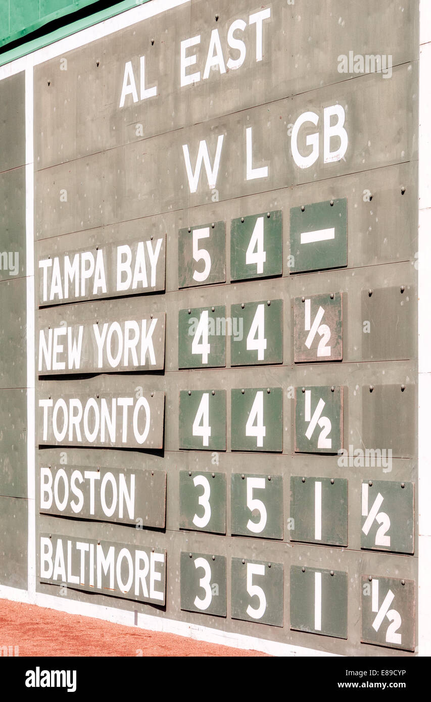 Il Fenway Park's Green Monster sezione di AL Est classifica quadro di controllo manuale. Foto Stock