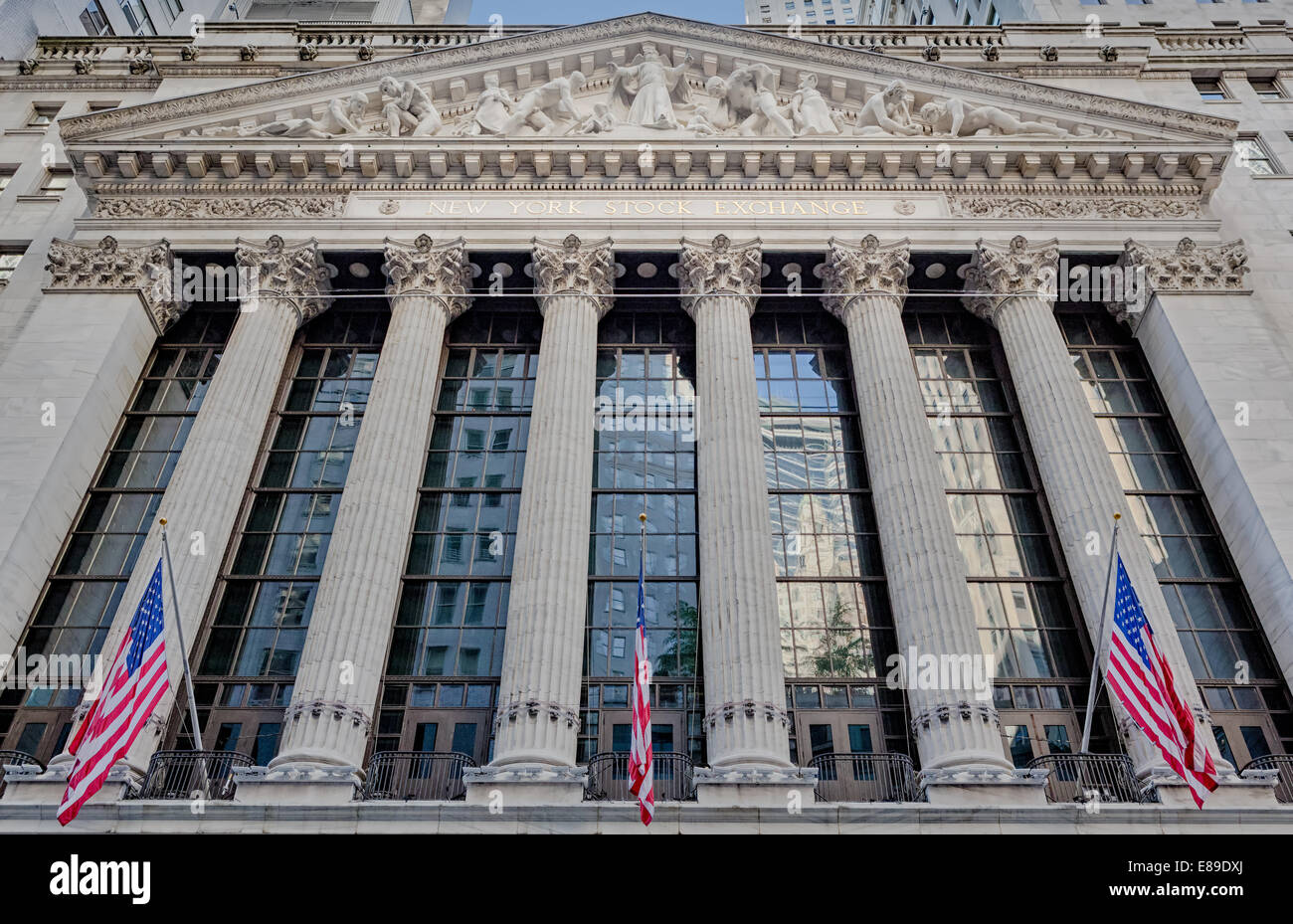 New York Stock Exchange NYSE situato in 11 Wall Street nel Quartiere Finanziario di Manhattan a New York City e New York. Foto Stock