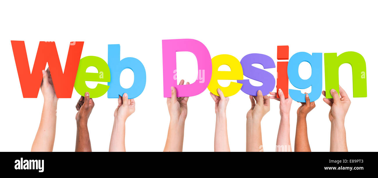 Diverse mani tenendo le parole Web Design Foto Stock