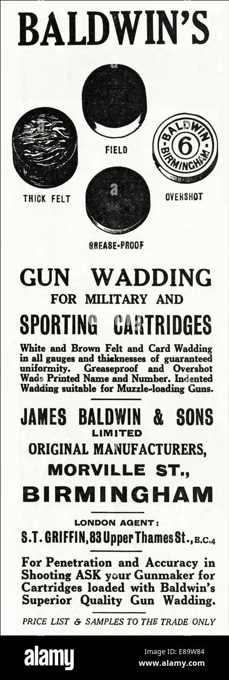 1920's pubblicità per BALDWIN di ovatta di pistola per la ripresa di forniture militari e sportivi di cartucce Morville Street, Birmingham in rivista inglese datato giugno 1929 Foto Stock