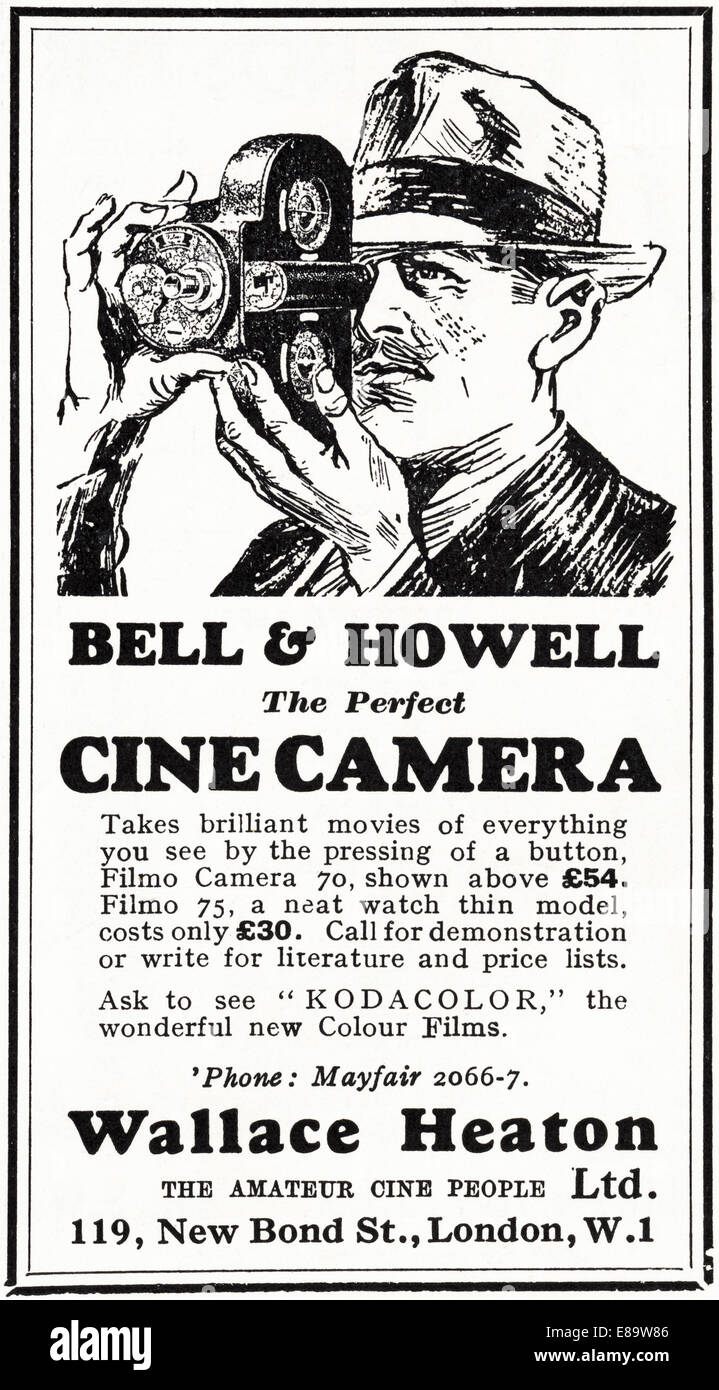 1920's pubblicità per Bell & Howell CINE Fotocamera venduta da WALLACE HEATON di New Bond Street, Londra in rivista inglese datato J Foto Stock