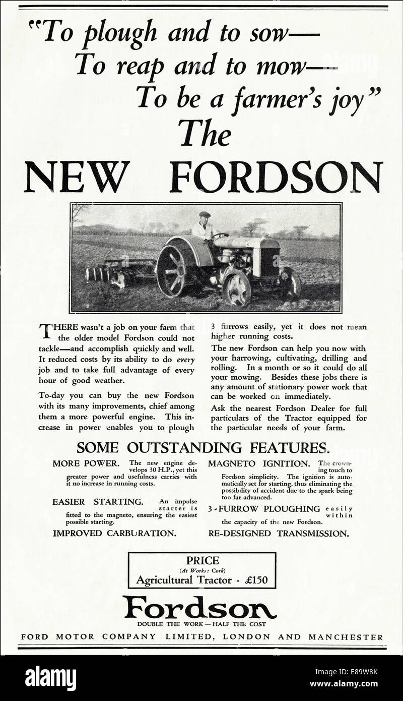1920s pubblicità per NEW FORDSON Trattore di Ford Motor Company Limited nella rivista inglese datato giugno 1929 Foto Stock