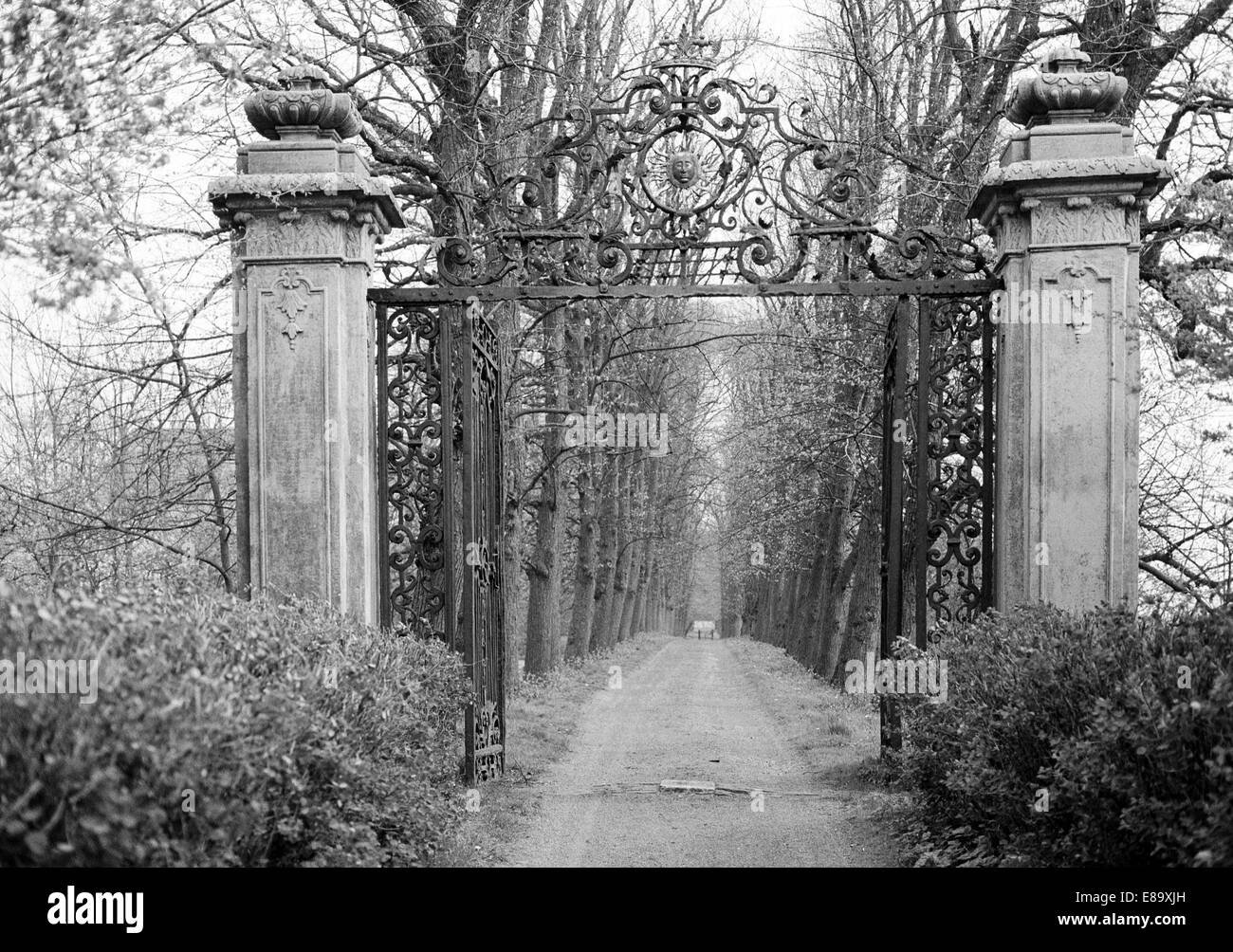Achtziger Jahre, Gut Wichhusen, Toreinfahrt, Torpfeiler, Torpfosten, ehemaliges Rittergut in Hinte, Ostfriesland, Bassa Sassonia Foto Stock