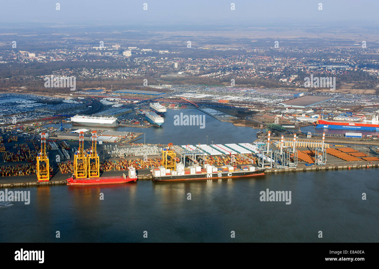 La città di Brema area portuale, la porta nord, strutture portuali, fiume Weser, terminale per contenitori, carico vetture, Bremerhaven, Brema Foto Stock
