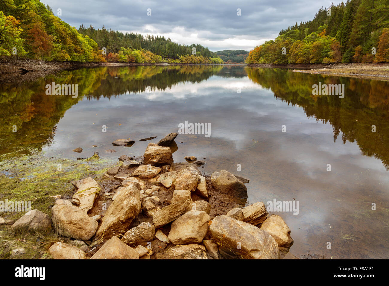 Ancora acqua calma di Loch Drunkie, tre laghi Drive, Aberfoyle, Scotland, Regno Unito Foto Stock