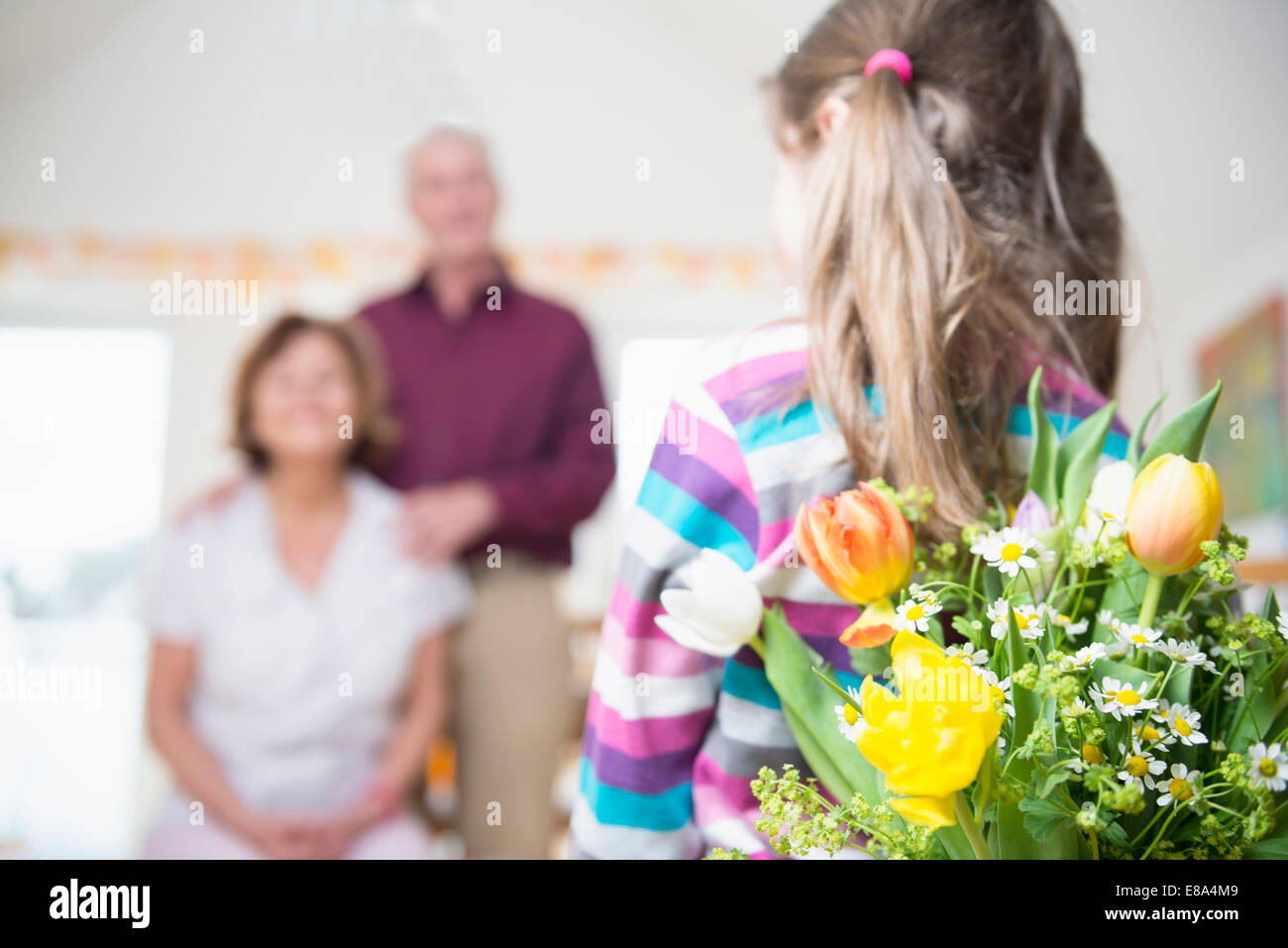 La nipote bouquet di handover alla nonna e nonno in background Foto Stock