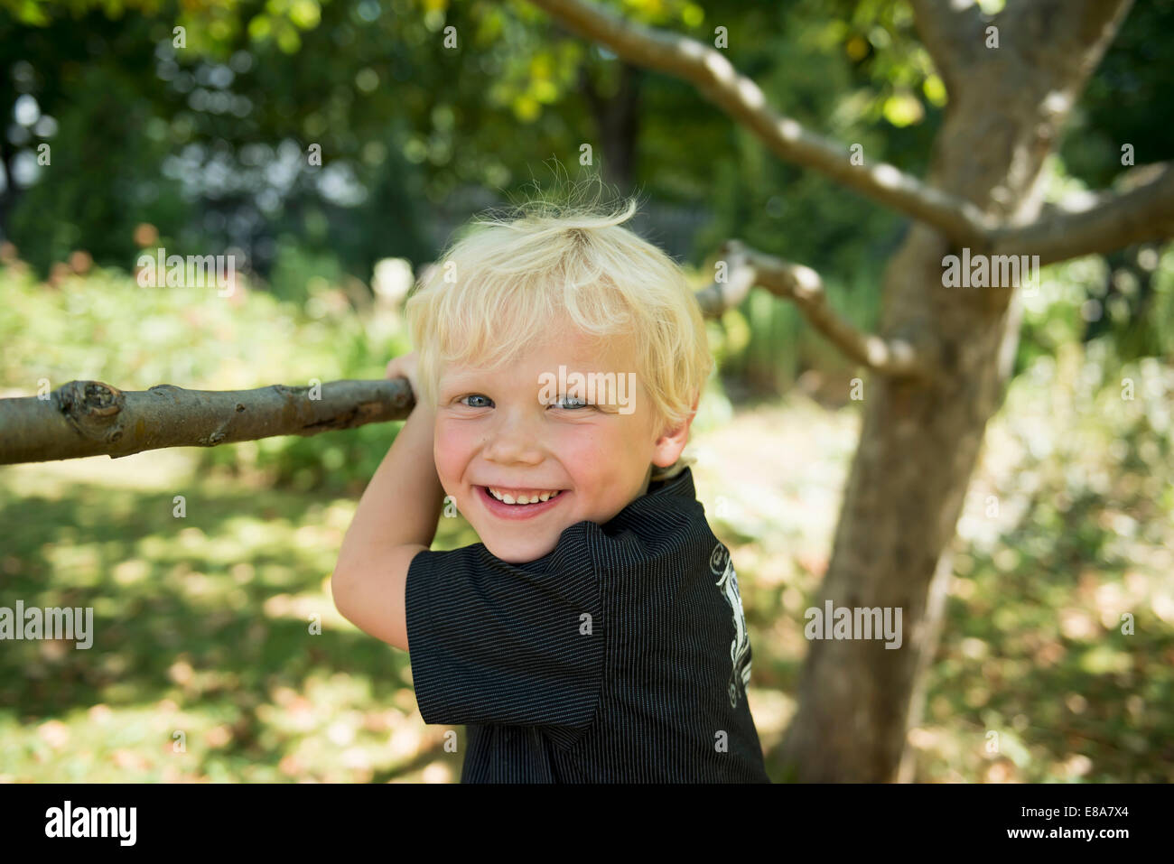 Ritratto di sorridente ragazzino blimbing su un albero Foto Stock