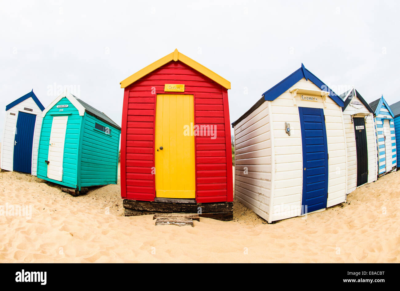 Cabine sulla spiaggia, a Southwold, Suffolk, Regno Unito Foto Stock