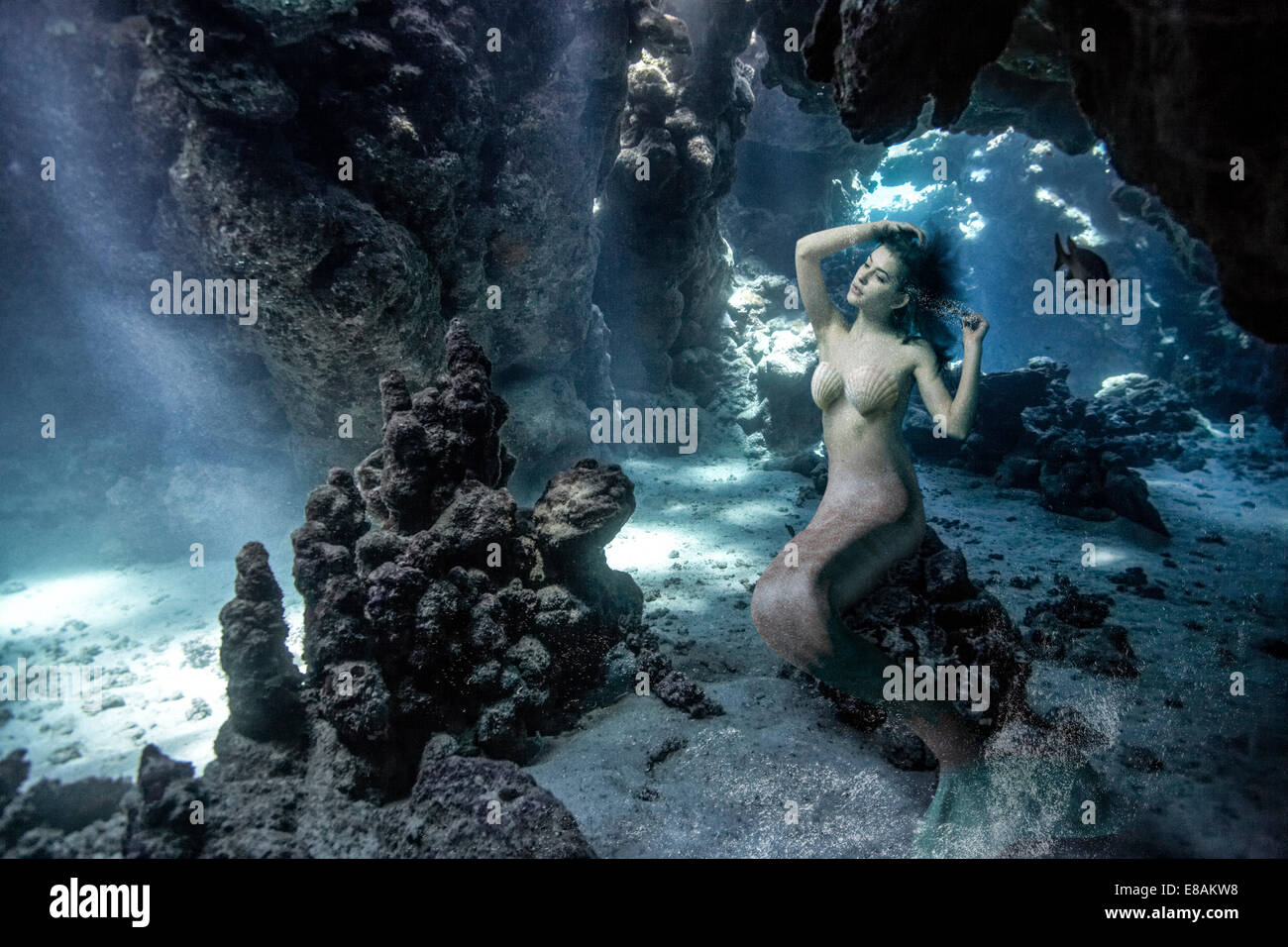 Vista subacquea di mermaid seduti sul fondale rock Foto Stock