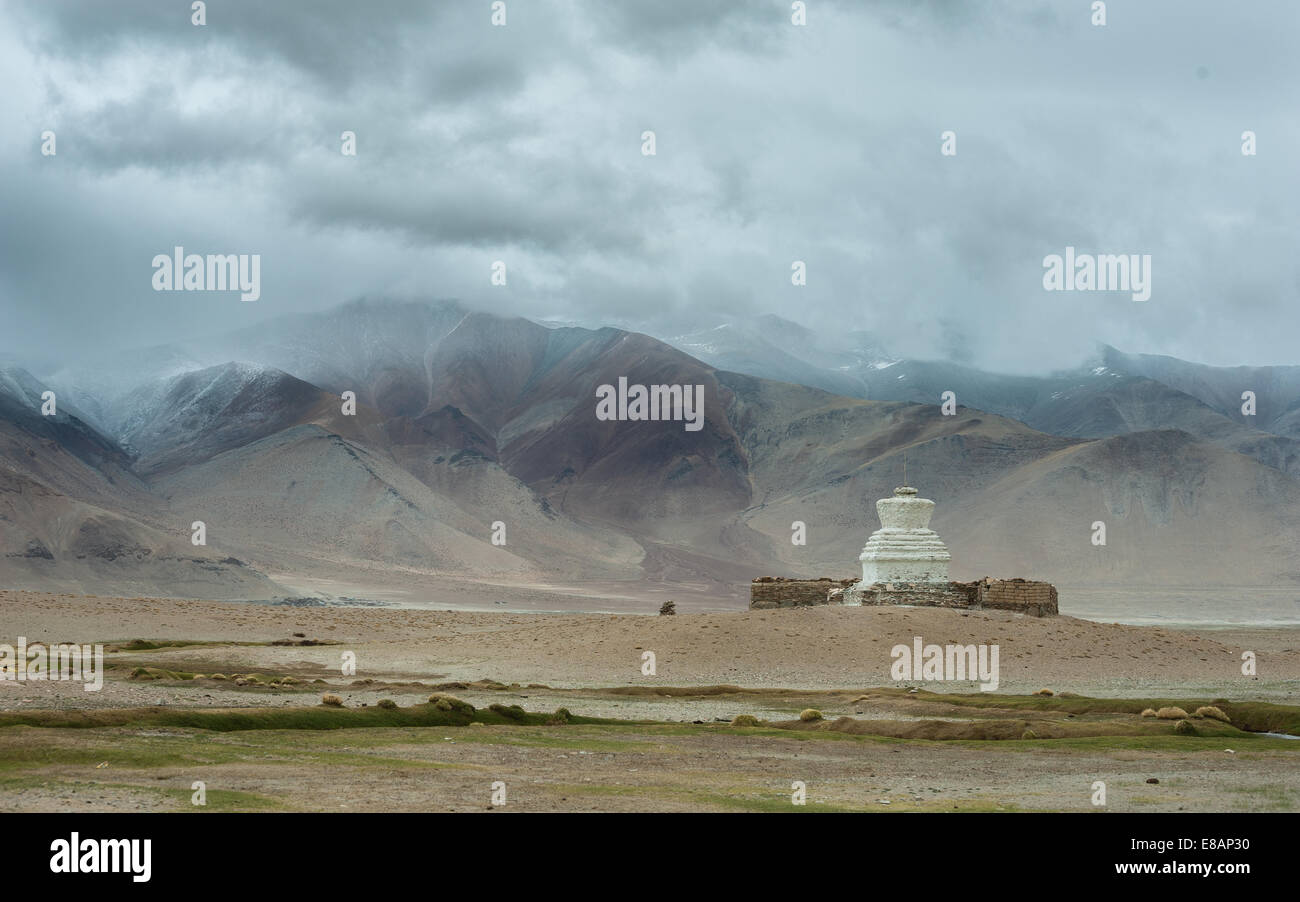 Stupa sulla banca di Tso Kar, Changthagn nella regione del Ladakh Foto Stock