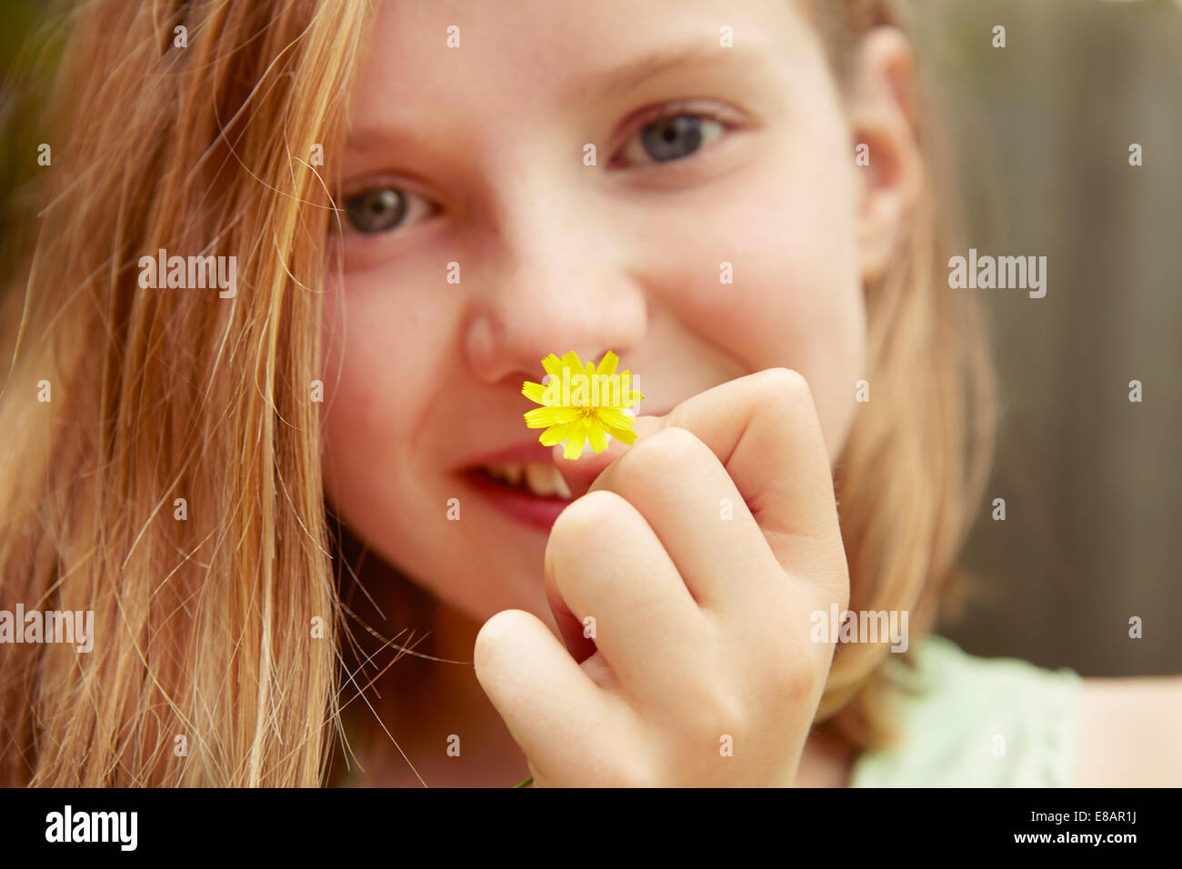 Close up ritratto della ragazza con fiore di dente di leone Foto Stock