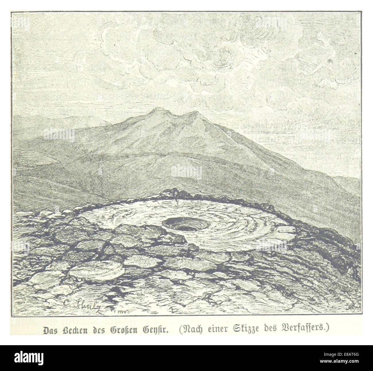 Questa illustrazione del 1889 di Baumg mostra il grande bacino di un grande geyser, raffigurante il paesaggio geotermico e le formazioni geologiche in vividi dettagli. Foto Stock