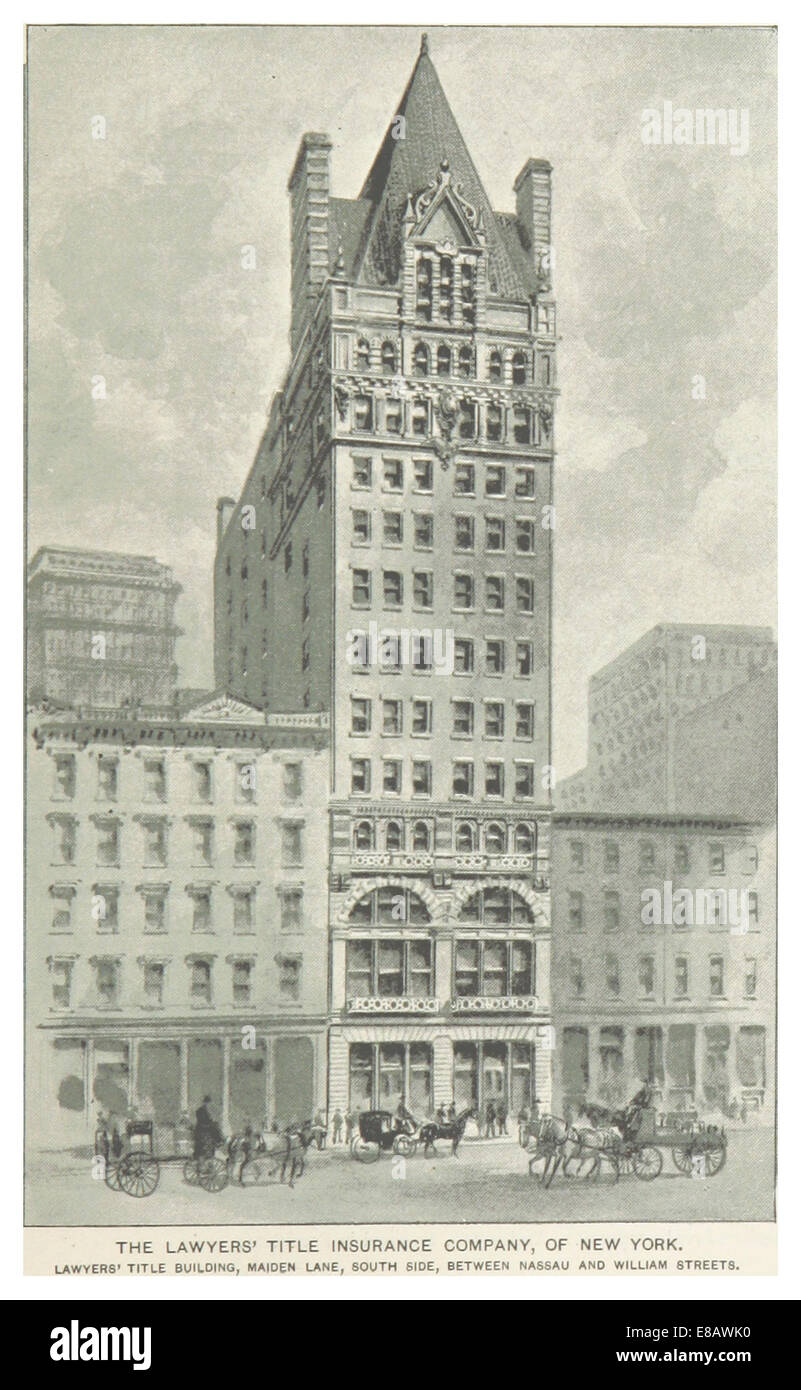 Un'illustrazione del 1893 tratta dal catalogo King's New York City che raffigura l'edificio Lawyers' Title Insurance Company, situato in Maiden Lane, che mostra le caratteristiche architettoniche del quartiere commerciale della fine del XIX secolo. Foto Stock