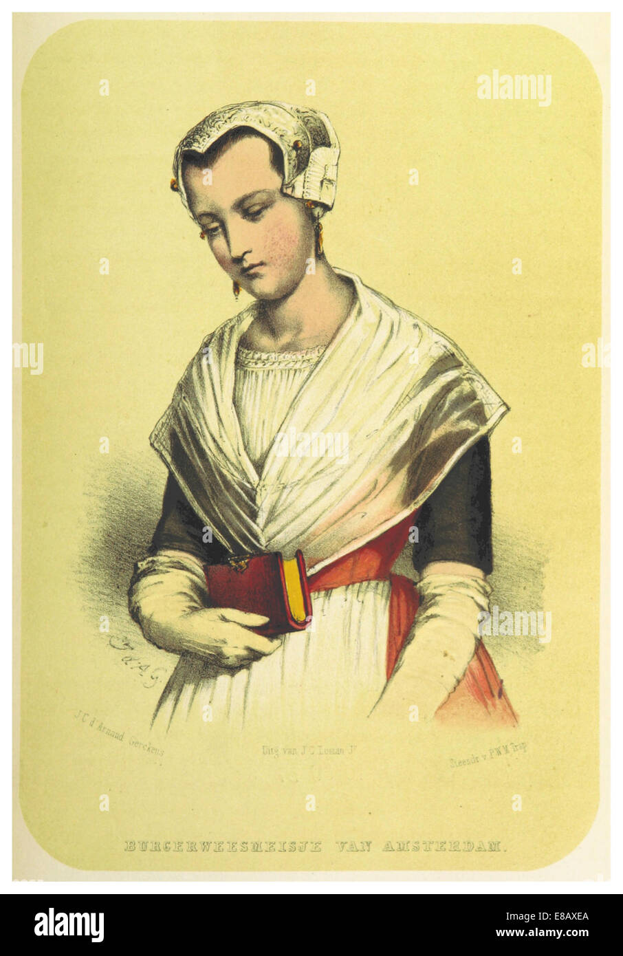 Un'illustrazione del 1855 intitolata "Burgerweesmeisje van Amsterdam", che si traduce in "Orphan Girl from Amsterdam". Questa immagine probabilmente raffigura una scena della società olandese, concentrandosi sulla situazione delle ragazze orfane e il loro posto nella vita urbana del XIX secolo ad Amsterdam. Foto Stock