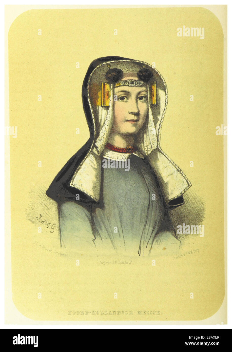 Un'illustrazione del 1855 di AA raffigurante una Noord-Hollandsch Meisje (una ragazza tradizionale dell'Olanda settentrionale). Il disegno cattura l'abbigliamento culturale e lo stile di vita della regione durante la metà del XIX secolo. Foto Stock