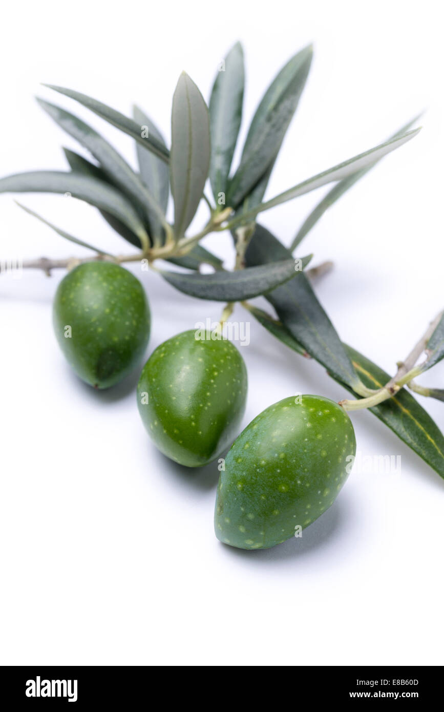 Primo piano di tre olive su sfondo bianco Foto Stock